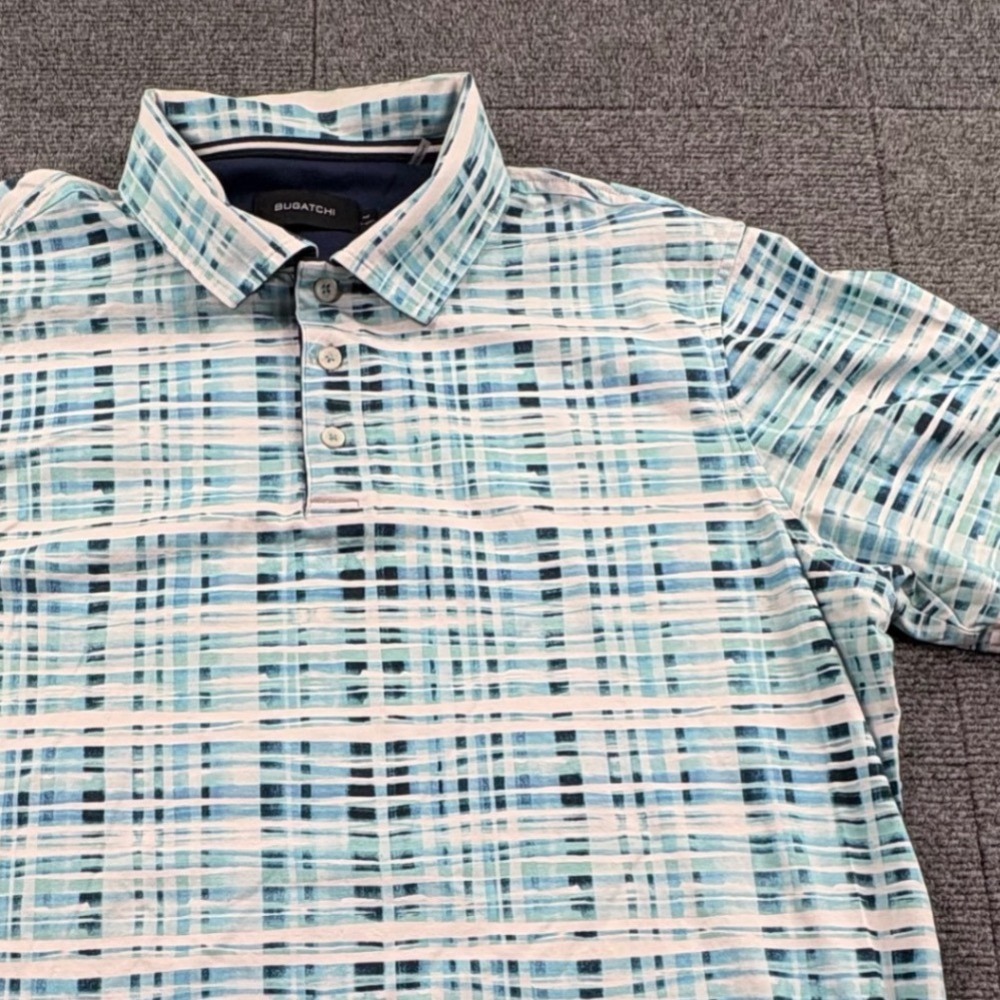 Bugatchi Mens Large Polo Shirt Blue Teal Plaid Mercerized Cotton Short Sleeve